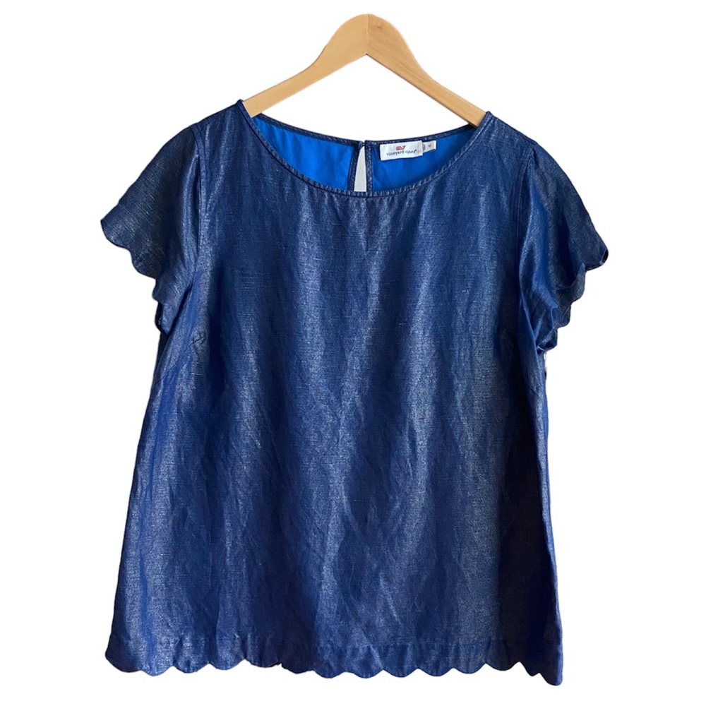Vineyard Vines Blue Shimmer Linen Blend Scalloped Trim Blouse Top